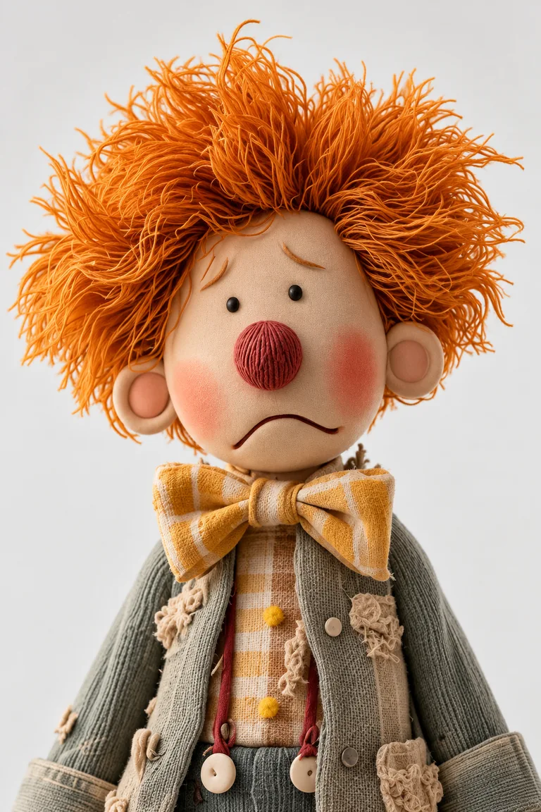 Close-up portrait of Claude the Sad Clown, from Gelli Belle's magical toy chest