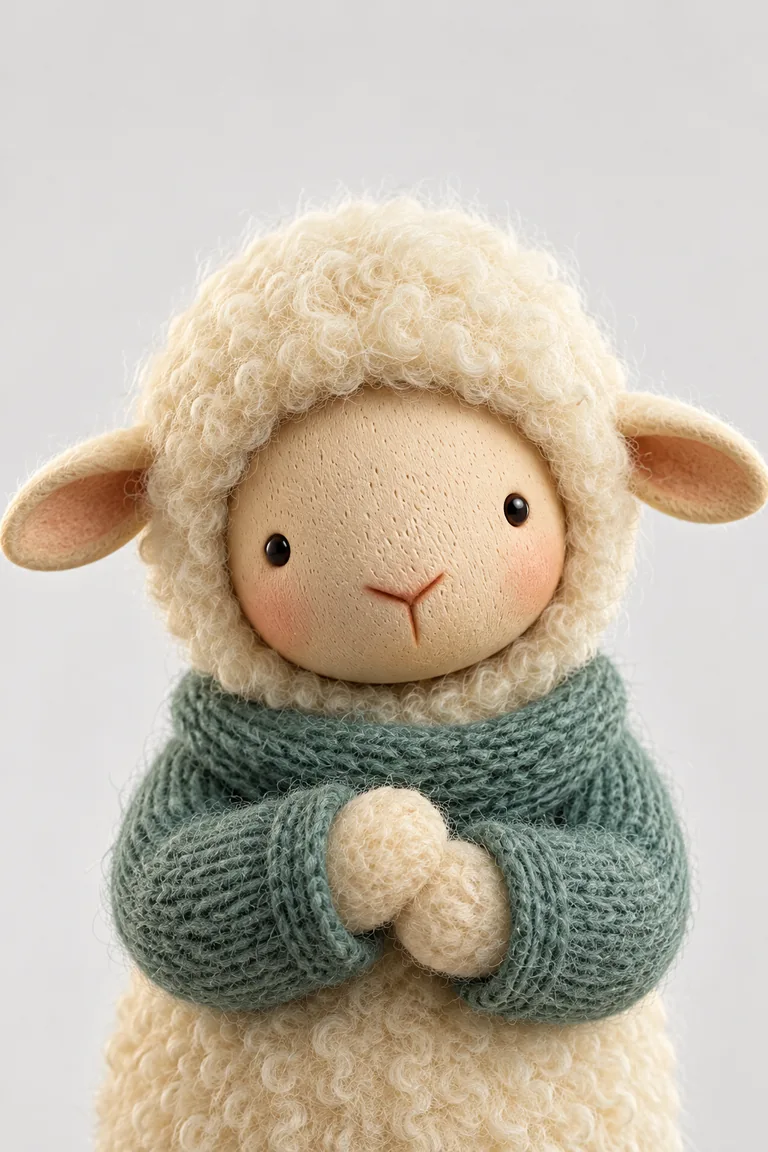 Close-up portrait of Susie the Shy Sheep, from Gelli Belle's magical toy chest